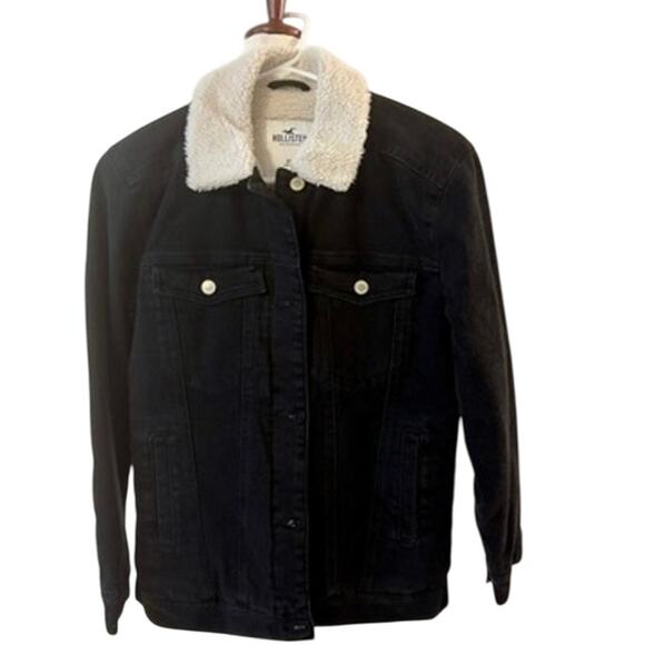 Hollister Women’s Black Denim Sherpa Jacket XS Faux Shearling Lined Trucker Coat - Picture 1 of 10